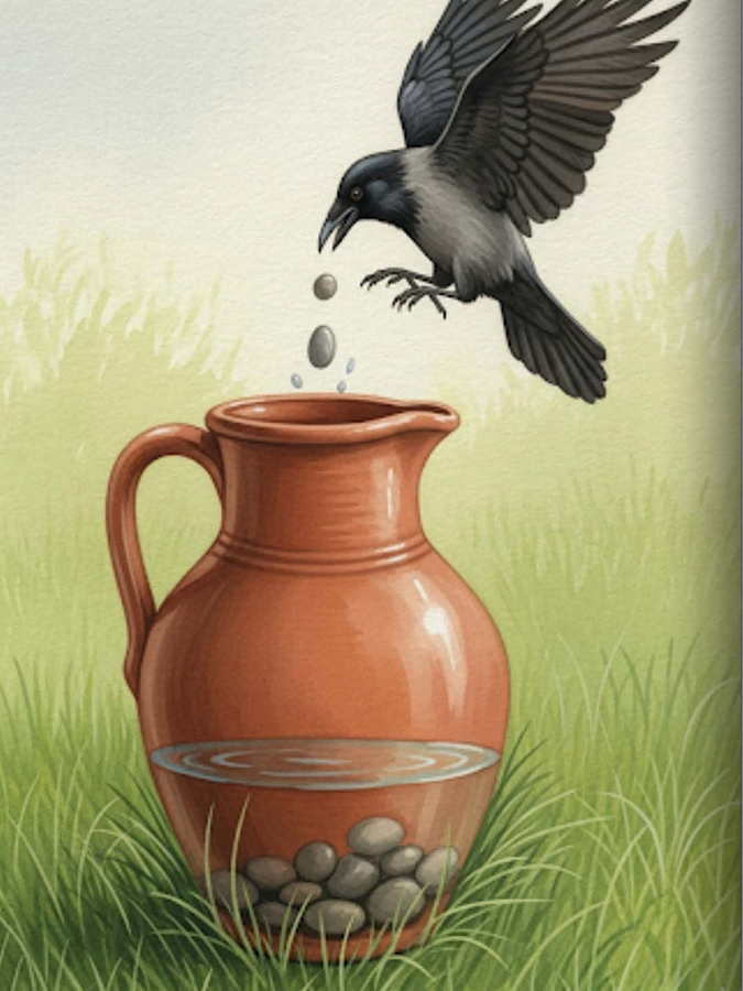 Crow dropping stones into the pitcher