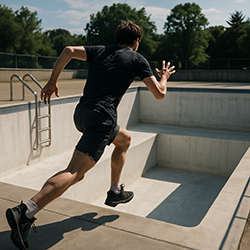 Person jumping into empty swimming pool