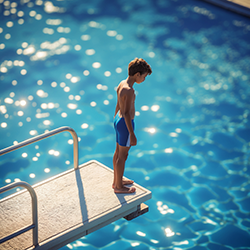 Boy looking into a swimming pool before diving