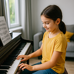 Child practicing piano every day
